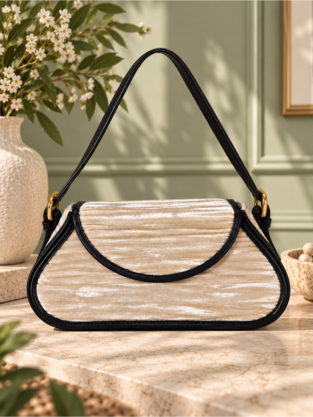 BY FAR Uma Mini Cream Crushed Velvet Leather Baguette Shoulder Bag old money y2k